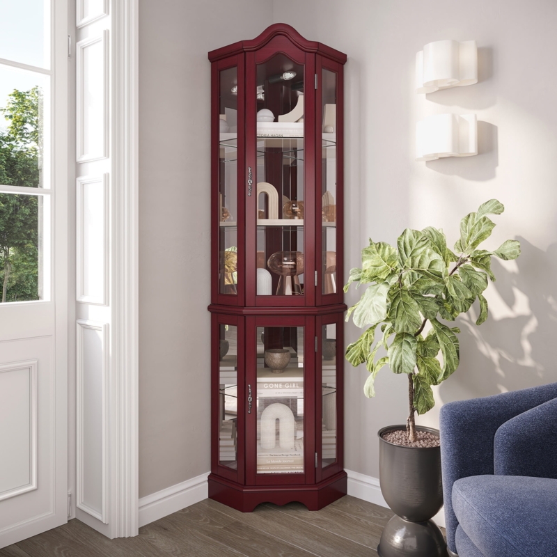 Corner Curio Cabinet featuring Canted Front and Five Tier Shelving