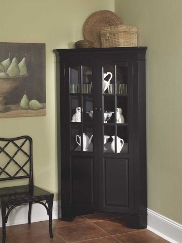 Corner Curio Cabinet featuring Recessed Panels in Matte Black