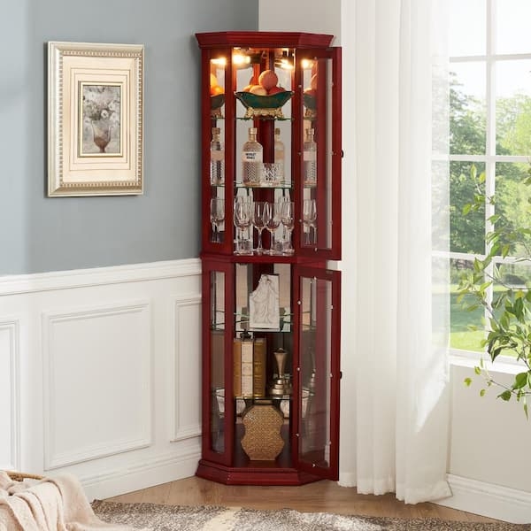 Corner Curio Cabinet in Cherry Red with Paneled Base and Framed Doors