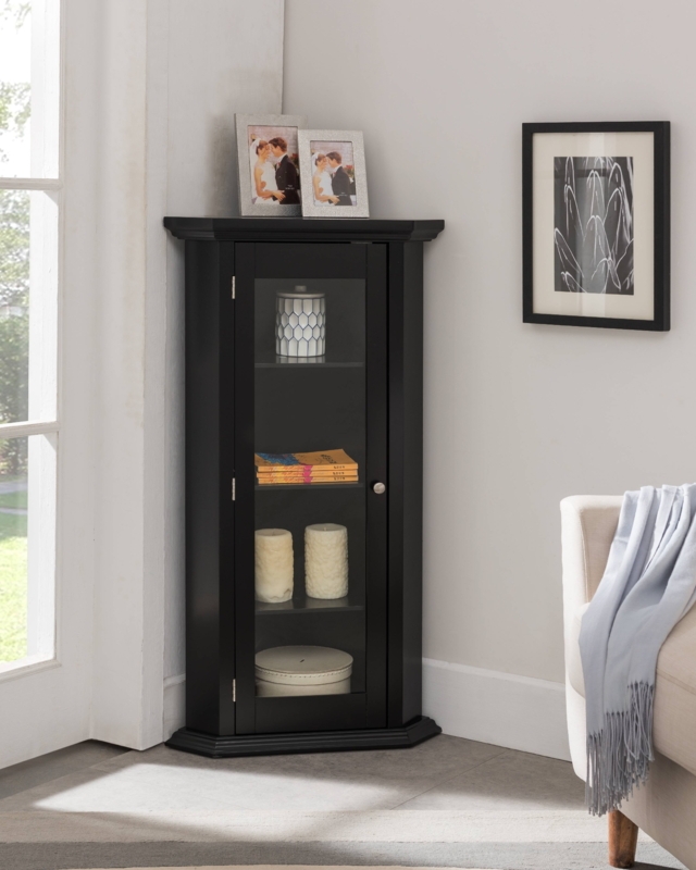 Corner Curio Cabinet with Faceted Base and Silver Knob Detail