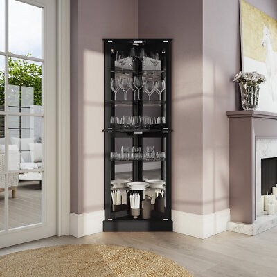 Corner Curio Cabinet with Three Sided Glass Viewing and Mirrored Back