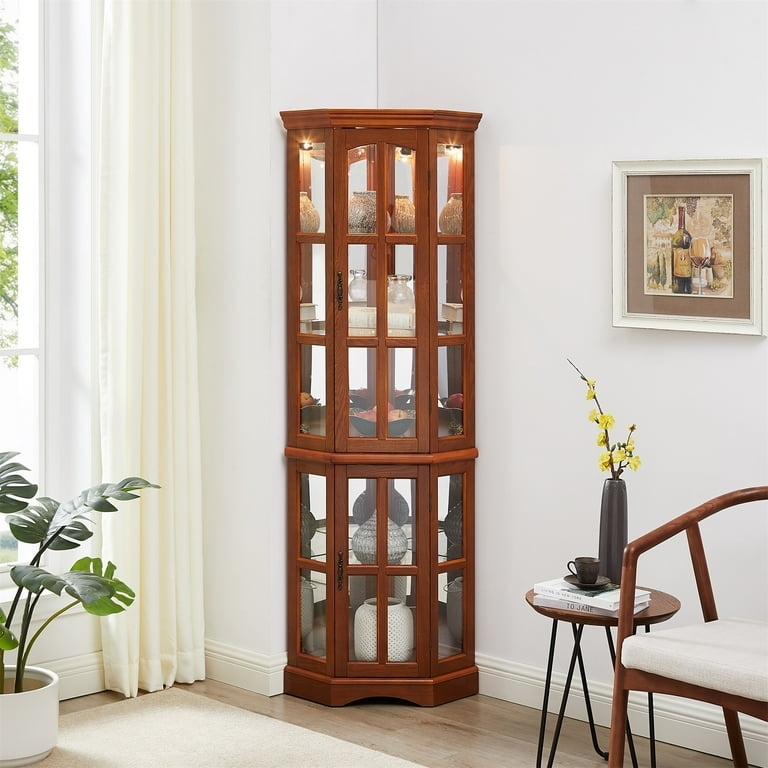 Corner Curio Cabinet with Wood Framed Doors and Interior Lighting
