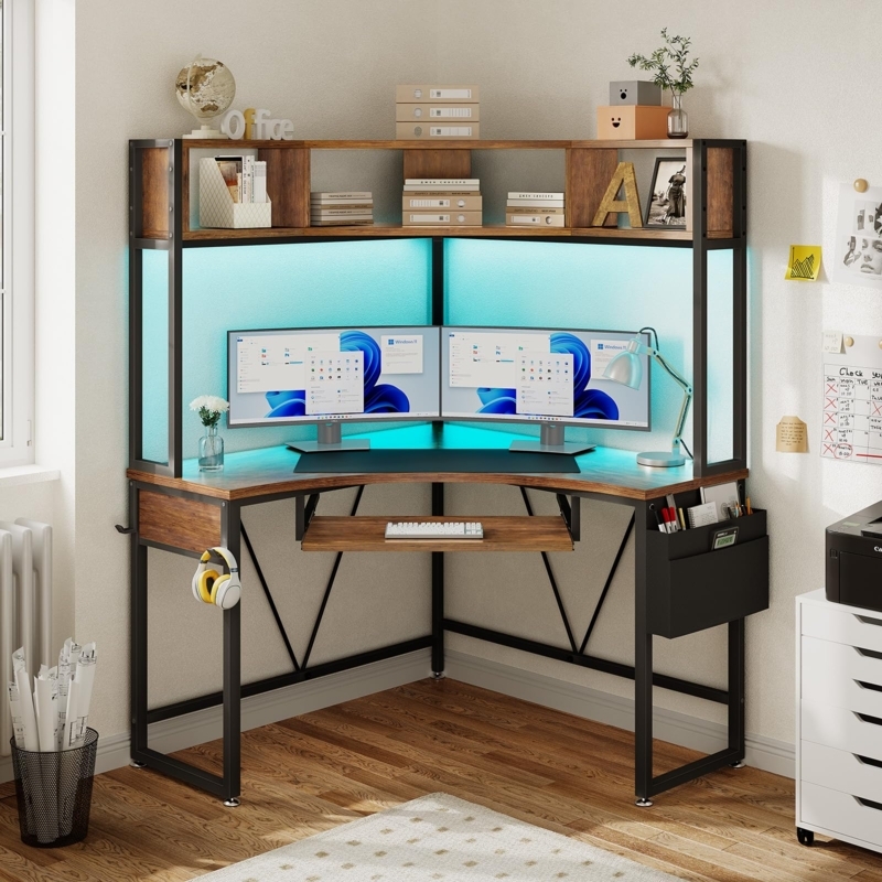 Corner Desk with Hutch and LED Lights, Rustic Brown Triangle Shape