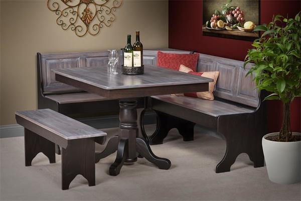 Corner Dining Bench Set Weathered Grey Paneled Back Arched Base