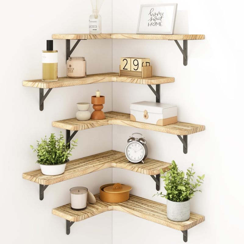 Corner Floating Shelves: Carbonized Wood, L-Shaped 5-Tier Set
