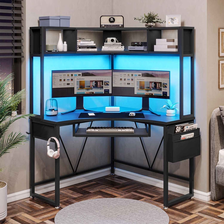 Corner Gaming Desk with Hutch, Matte Black with LED Backlighting