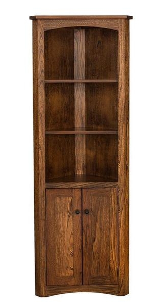 Corner Hutch With Arched Top, Bottom Cabinet Doors, Mission Style Corner Hutch