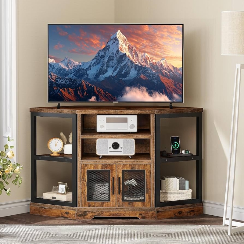 Corner Media Console with Mesh Doors and Charging Station