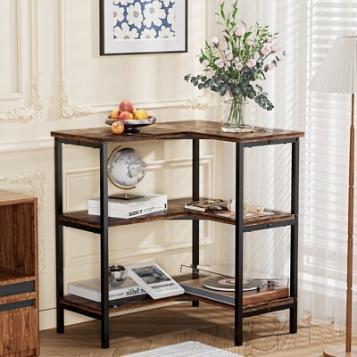 Corner Shelf With L-Shaped Design, Industrial Wood And Metal Shelf