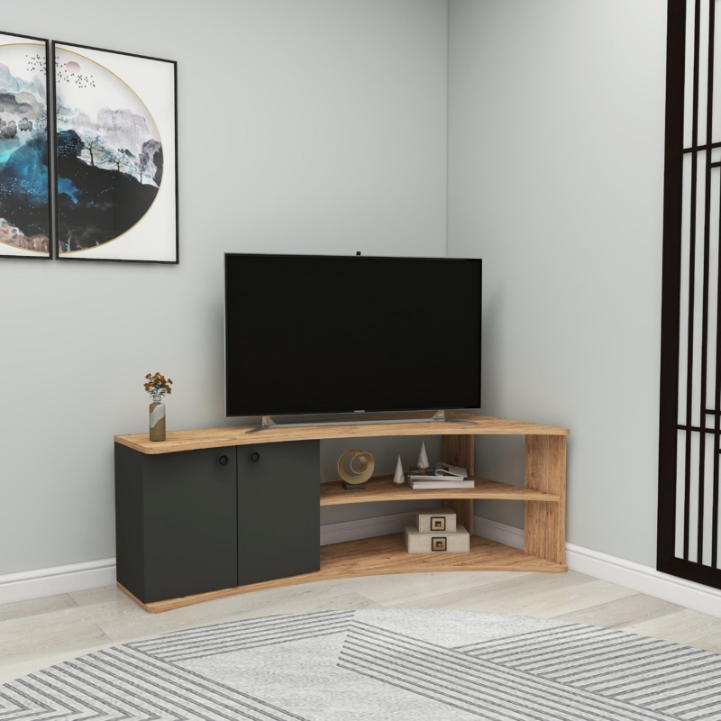 Corner Tv Stand Anthracite And Oak Asymmetrical Storage Two Tone