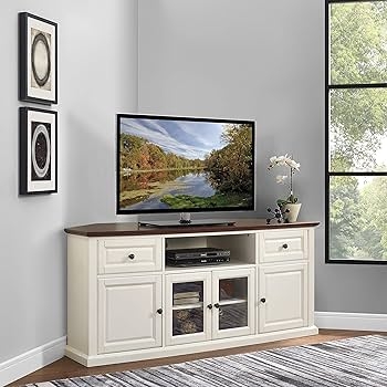 Corner Tv Stand Antique White Glass Insets Two-tone Media Center