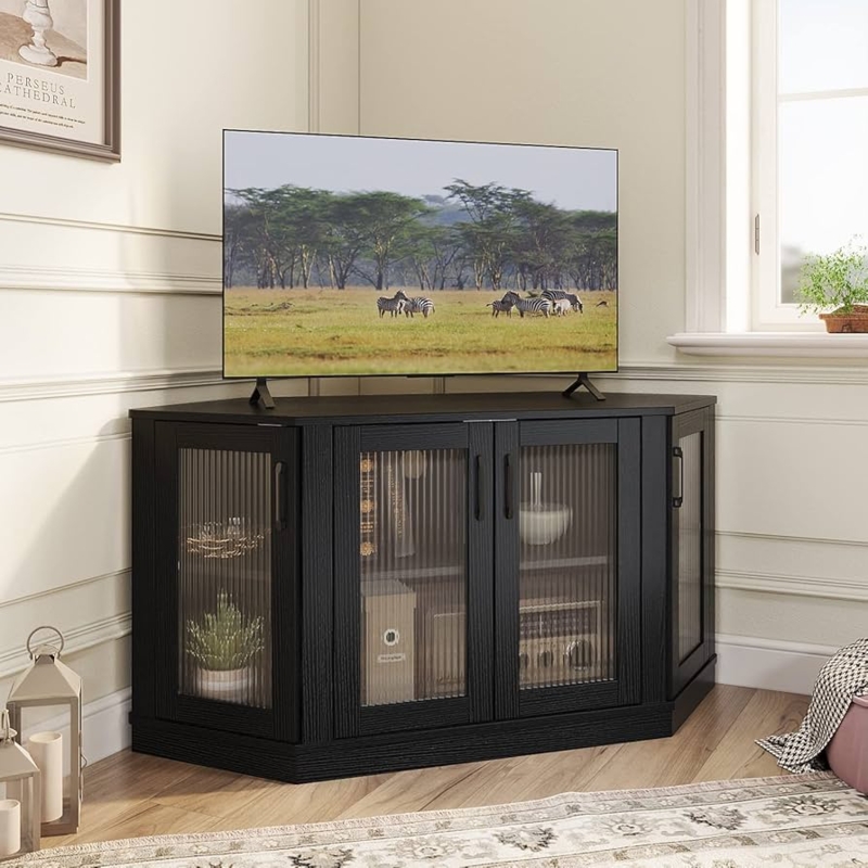 Corner Tv Stand Matte Black Fluted Glass Doors Space Saving Design