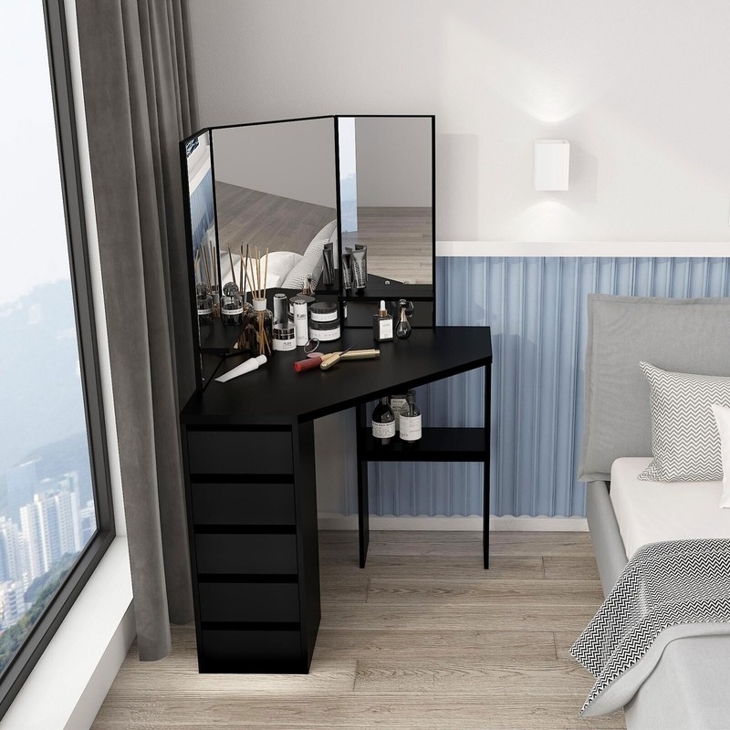 Corner Vanity Table with Tri-Fold Mirror & Five Drawers