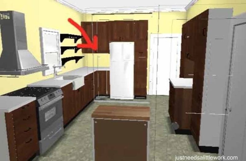 Corner walk-in pantry, no corner cabinet!  Just needs a little work . . .