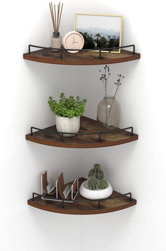 Corner Wall Shelf with Fence: Rustic Walnut Floating Set of 3