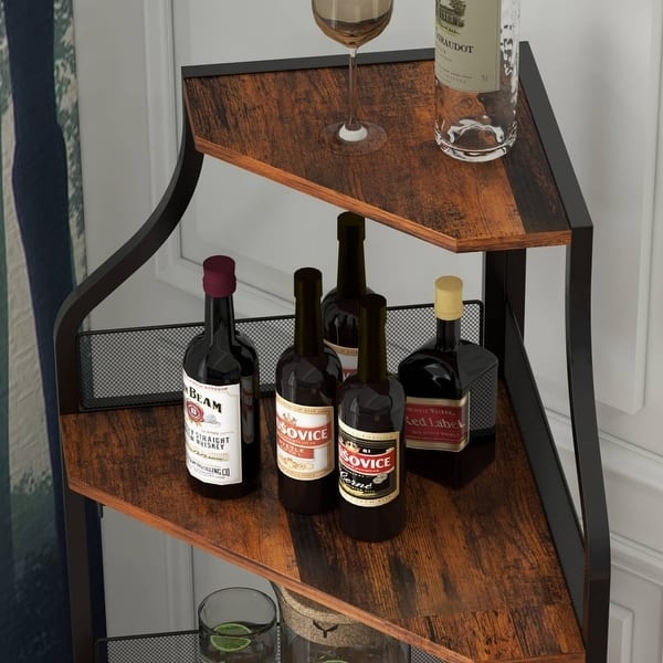 Corner Wine Cabinet: Matte Black Frame, Curved Supports & Wire Mesh Backing
