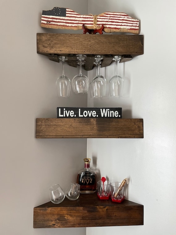 Corner Wine Rack: Chunky Wood Profile, Three-Tier Floating Design