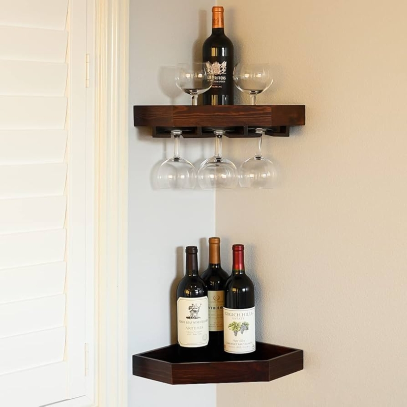 Corner Wine Rack: Dark Wood Floating Shelf, Two-Piece Set, Stemware Slots
