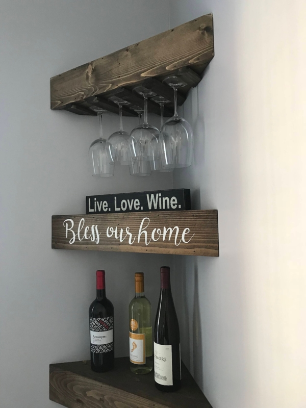 Corner Wine Rack: Handmade Rustic Wood, Three-Tiered with Decorative Script