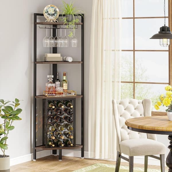 Corner Wine Rack: Industrial 4-Tier Design with Integrated Bottle Grid