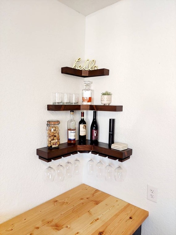 Corner Wine Rack: L-Shaped Floating Shelves, Walnut Finish, Stemware Rack