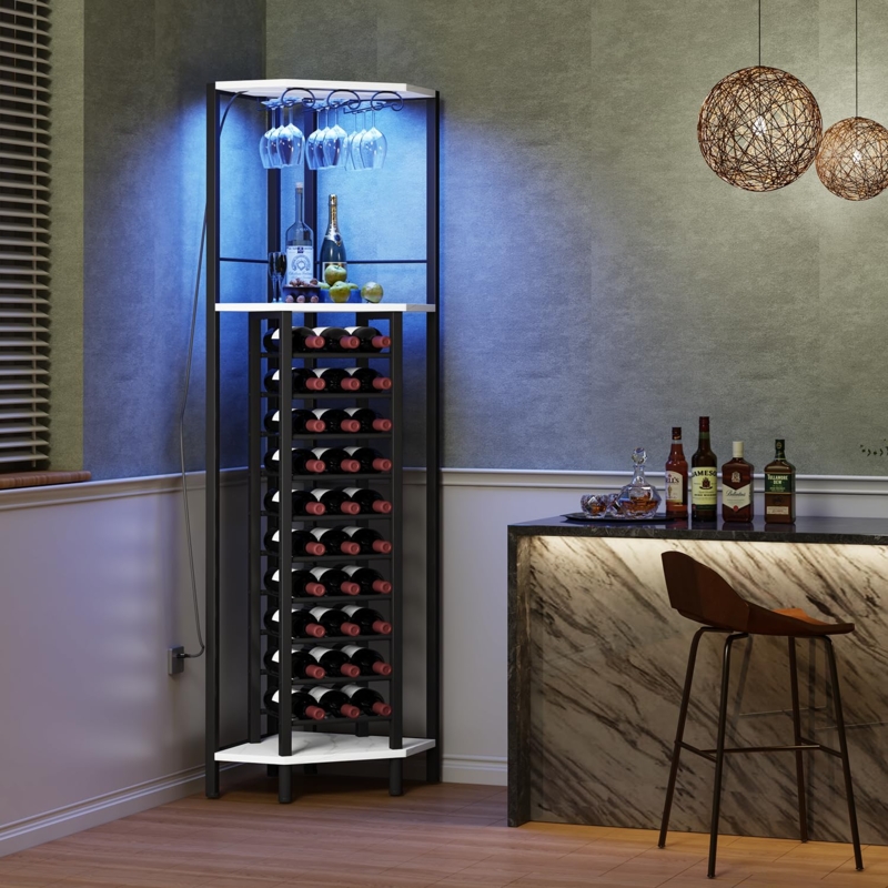 Corner Wine Rack: Marble Pattern Shelves with Blue LED Lighting