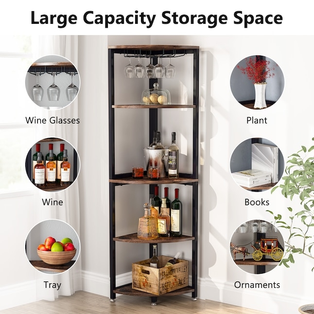 Corner Wine Rack: Matte Black & Rustic Brown, 5-Tier Shelving, Stemware Rack