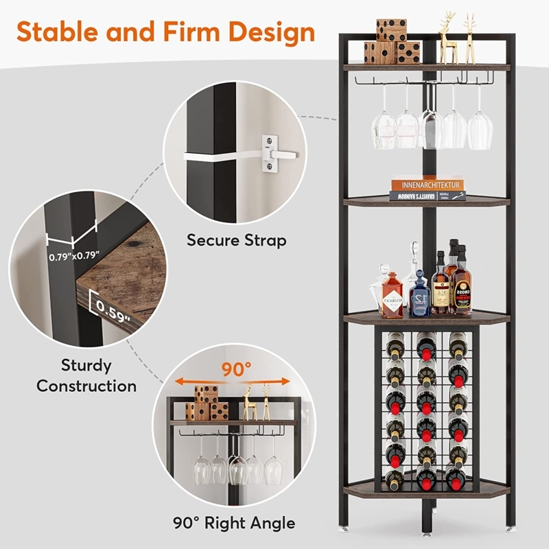 Corner Wine Rack: Metal Frame, Wine Bottle Grid, Anti-Tip Strap
