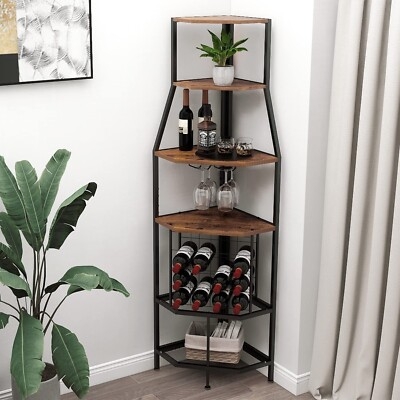 Corner Wine Rack: Metal & Wood-Toned, Floorstanding 5-Tier