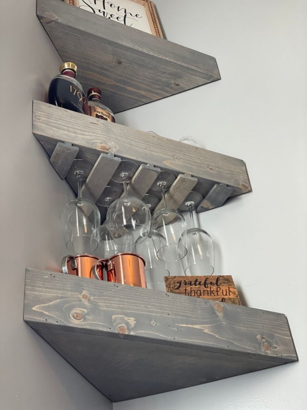 Corner Wine Rack: Weathered Grey Wood, Tiered Layout, Stemware Holder
