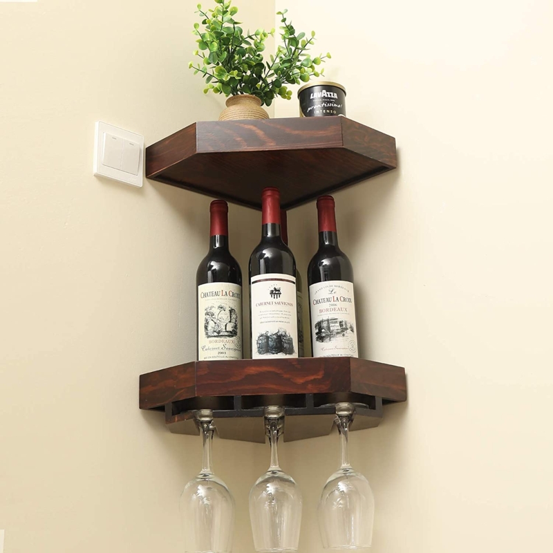 Corner Wine Shelf: Dark Wood Floating, Two-Tier with Stemware Slots