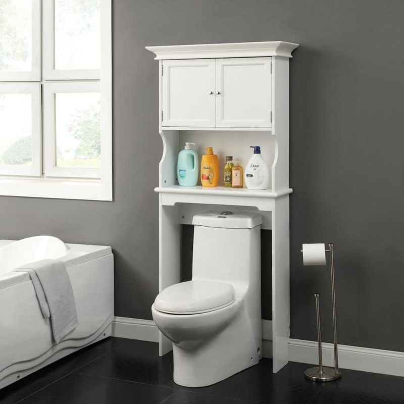 Cottage Over Toilet Cabinet: White Finish with Crown Molding Detail