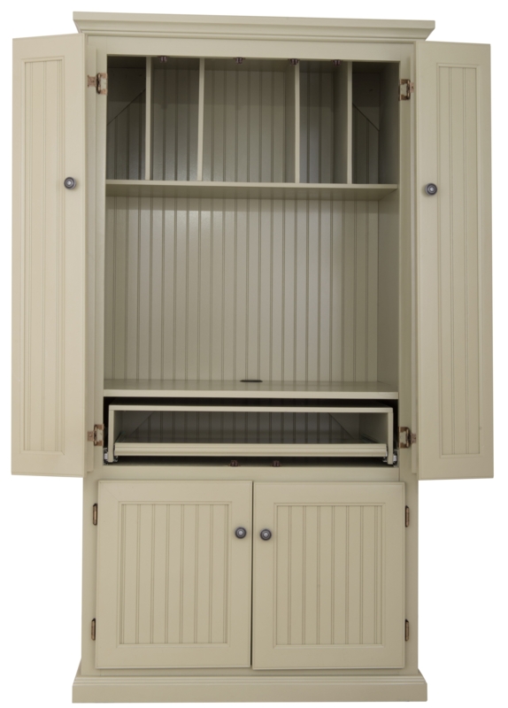 Cottage Style Armoire Desk with Beadboard Backing in Off-White
