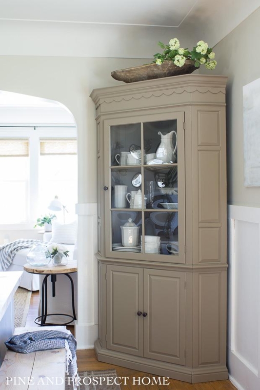Cottage Style Hutch in Warm Taupe with Scalloped Trim Detail