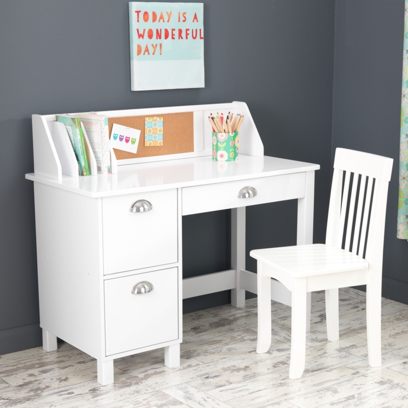 Cottage Style Kids Desk Set Square Legs Corkboard Hutch