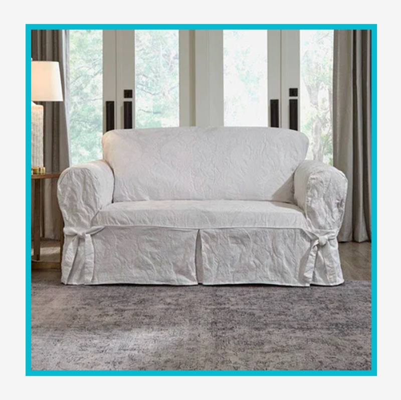 Couch Slipcover White Damask Pattern With Bow Tie Accents