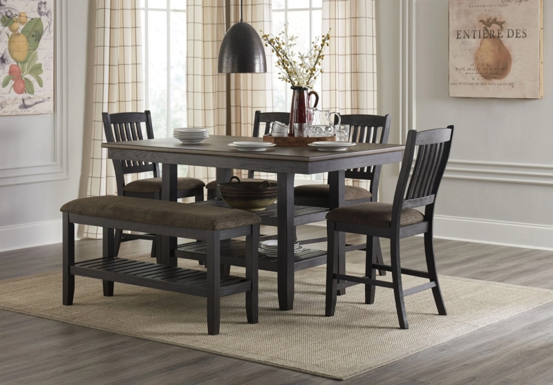 Counter Height Dining Set with Slatted Bench Shelf and Table Storage