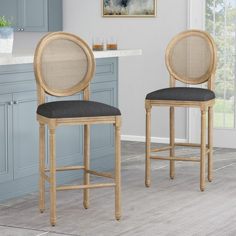 Counter Height Round Cane Back Counter Stools French Barstool Set, Wicker  Round Backrest High Chair, Kitchen