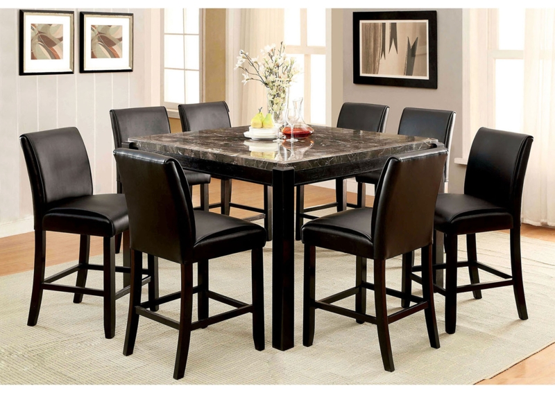 Counter Height Set: 8-Piece Square Black Marble Top, Block Legs