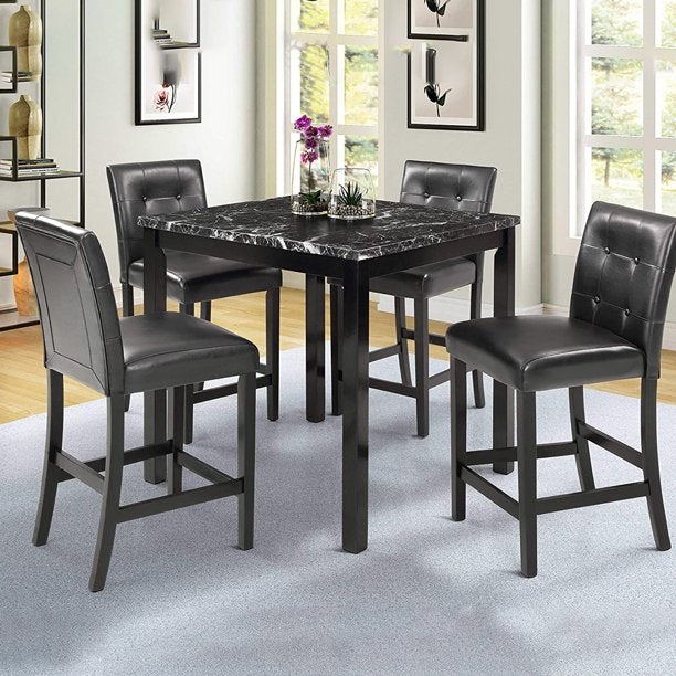 Counter Height Set: Black Faux Marble Square Table, Tufted Stools