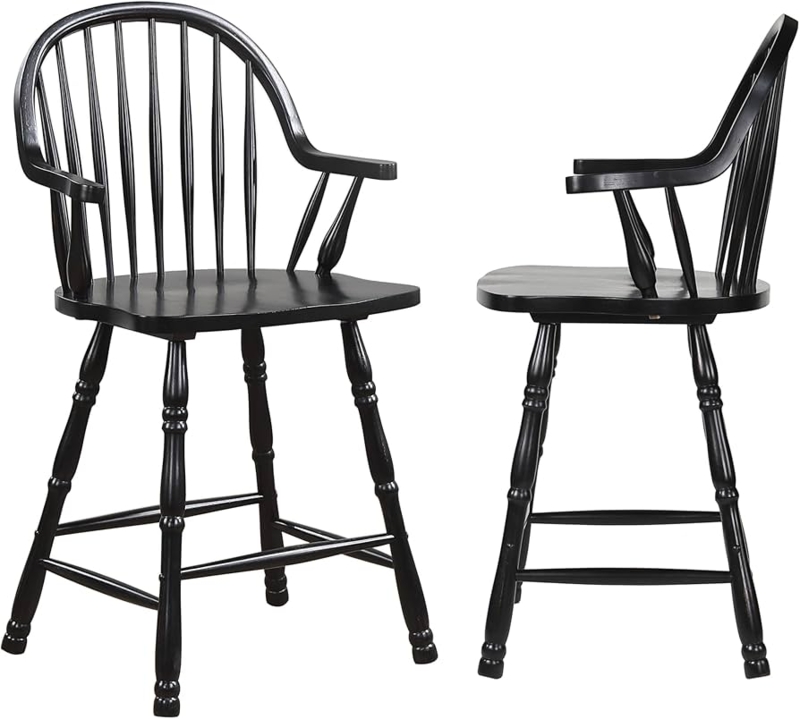 Counter Stool, Antique Black Windsor with Cherry Rub & Curved Arms.