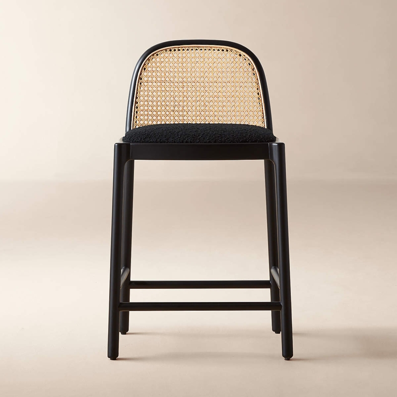 Counter Stool Black Boucle Seat with Arched Cane Back Modern Organic