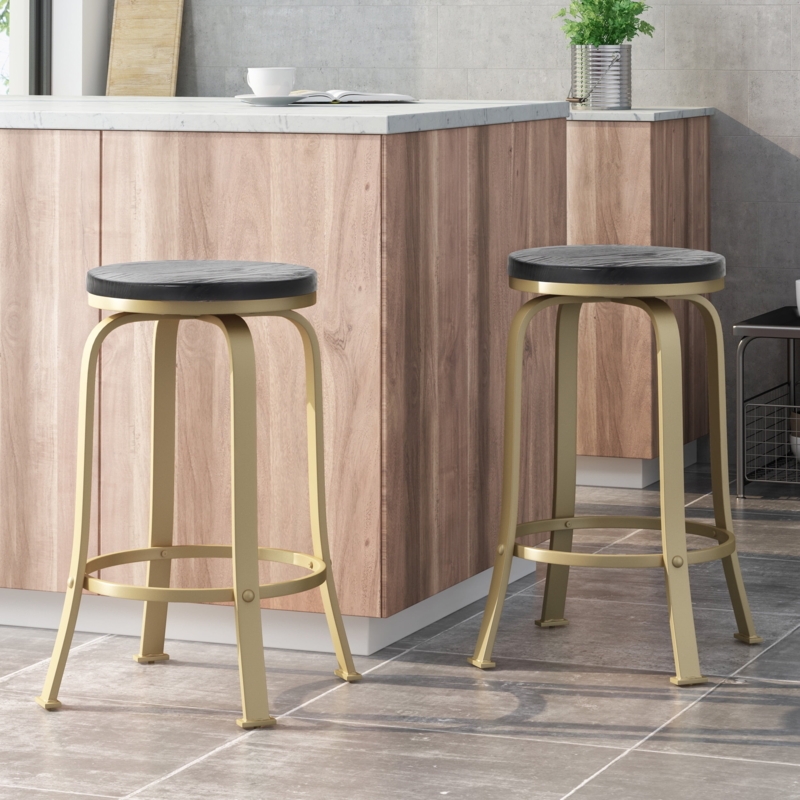 Counter Stool Black Wood Seat Rivet Details Swivel Tapered Legs