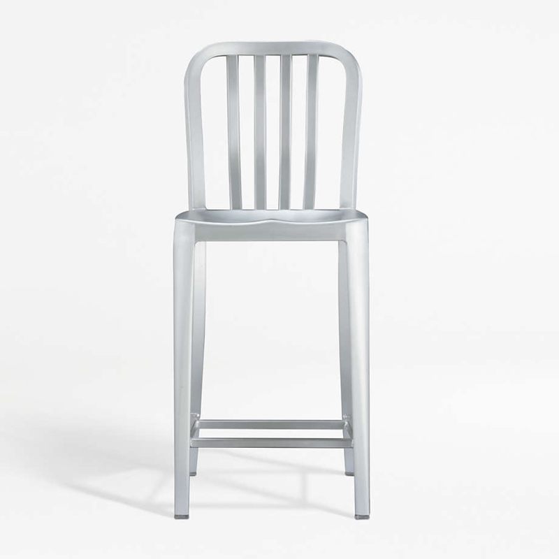 Counter Stool Brushed Aluminum Vertical Slat Back Contoured Seat
