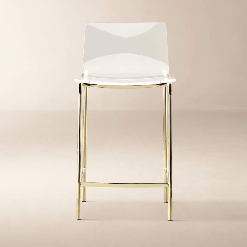 Counter Stool Clear Acrylic Seat Polished Gold Slim Square Legs