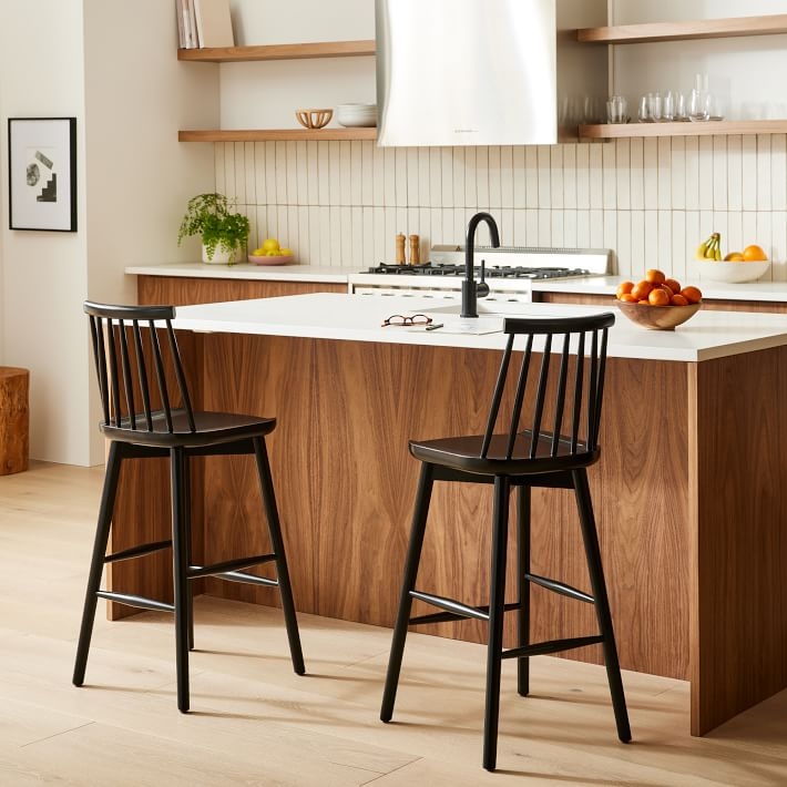 Counter Stool, Contoured Seat Spindle Back with Minimalist Style.