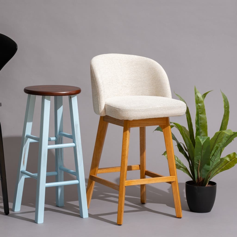 Counter Stool Curved Back Cream Upholstery Tapered Wood Legs