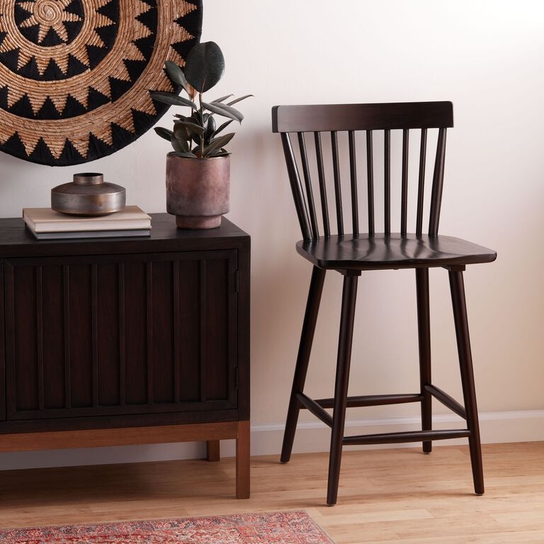 Counter Stool, Ebony Wood Spindle Back with Scandinavian Minimalism.