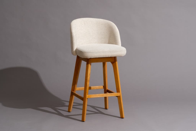 Counter Stool Honey Oak Wood Curved Back Beige Woven Fabric