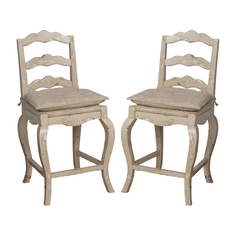 Counter Stool: Ladder Back Distressed White Finish Tie-on Cushion